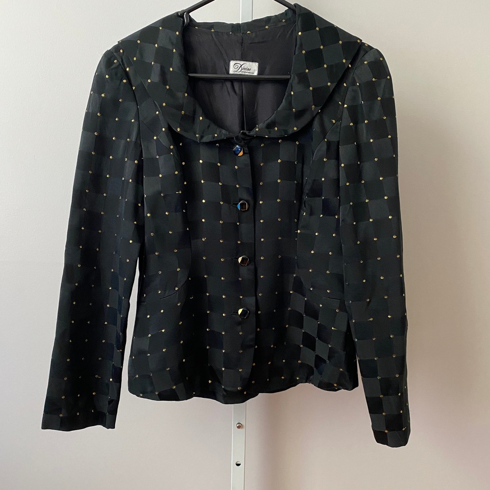 Divine‎ Brentwood  Black Gold Checkered Button Up Blazer Jacket Vintage